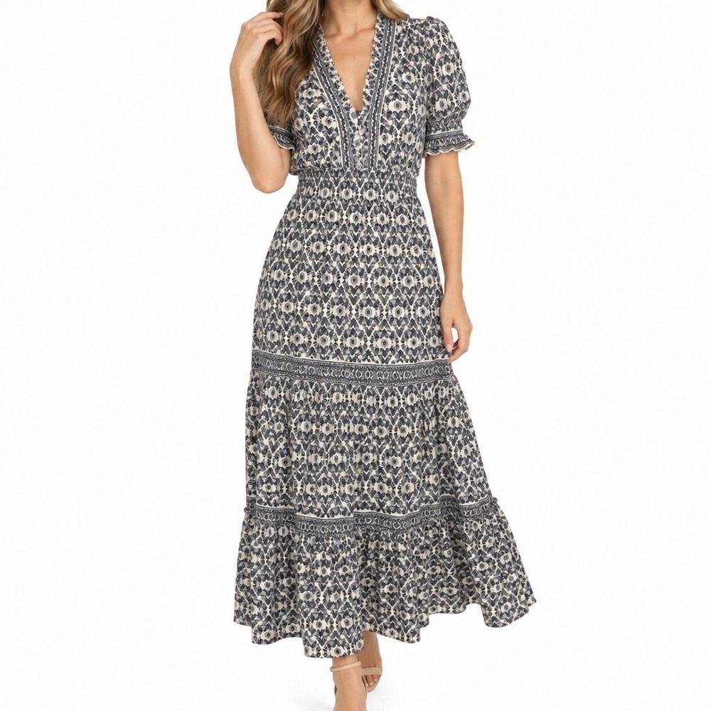 NEW Max Studio London Navy White Floral Damask Tiered Maxi Dress W Smocked Waist